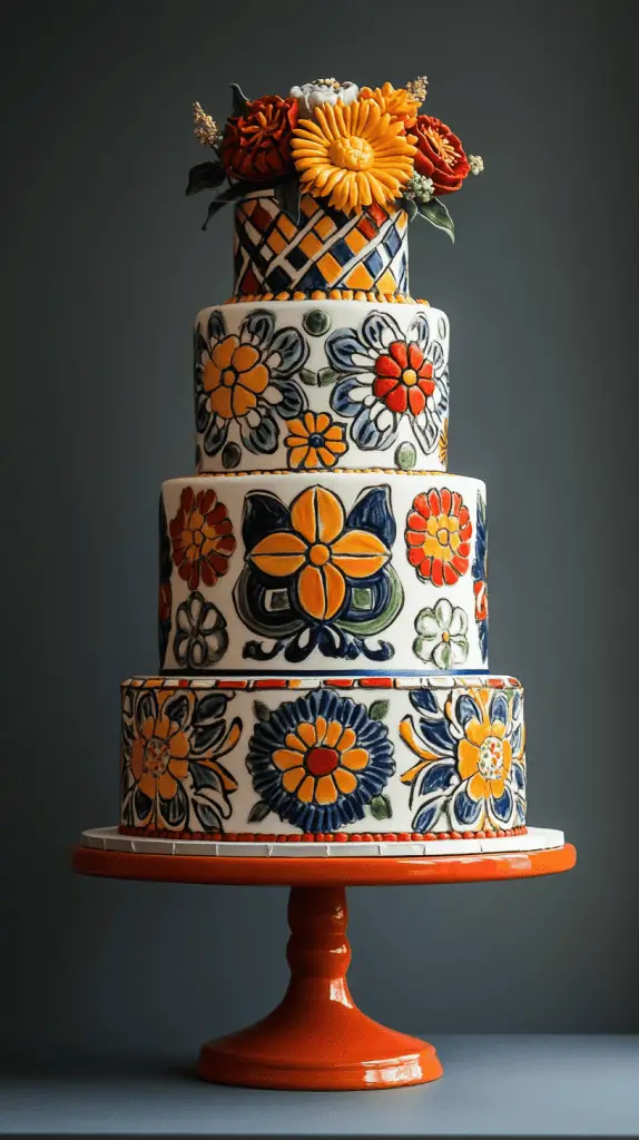 A Mexican wedding cake featuring bold geometric and tile patterns inspired by traditional Talavera tiles.