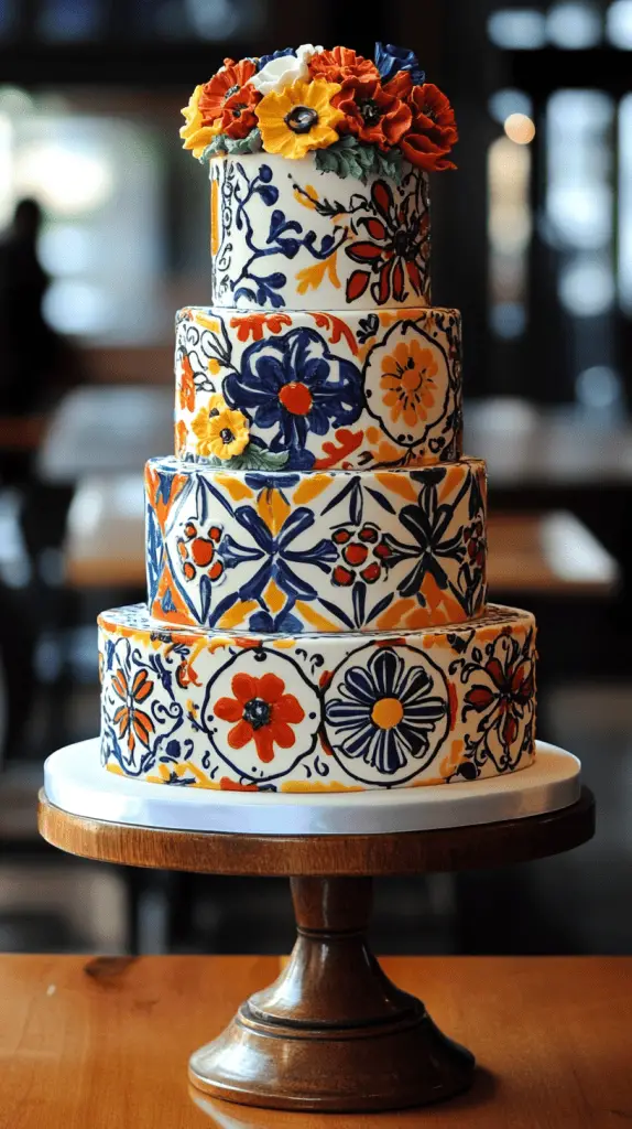 A Mexican wedding cake featuring bold geometric and tile patterns inspired by traditional Talavera tiles.