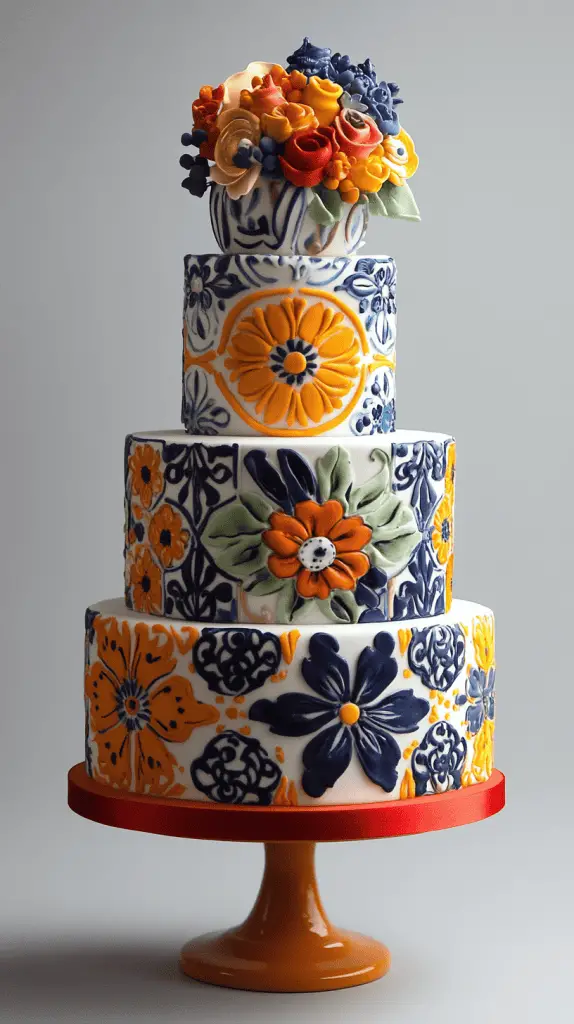 A Mexican wedding cake featuring bold geometric and tile patterns inspired by traditional Talavera tiles.