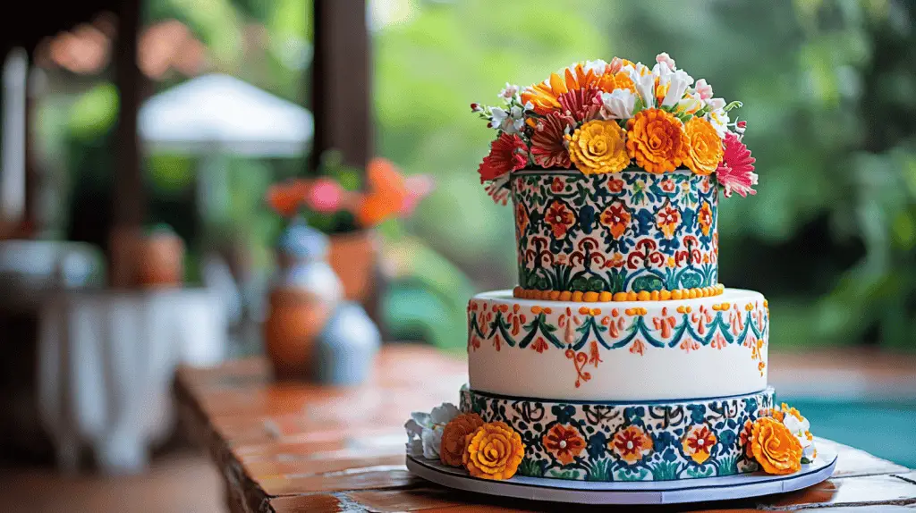 A Mexican wedding cake featuring bold geometric and tile patterns inspired by traditional Talavera tiles.
