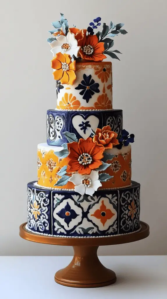 A Mexican wedding cake featuring bold geometric and tile patterns inspired by traditional talavera tiles.