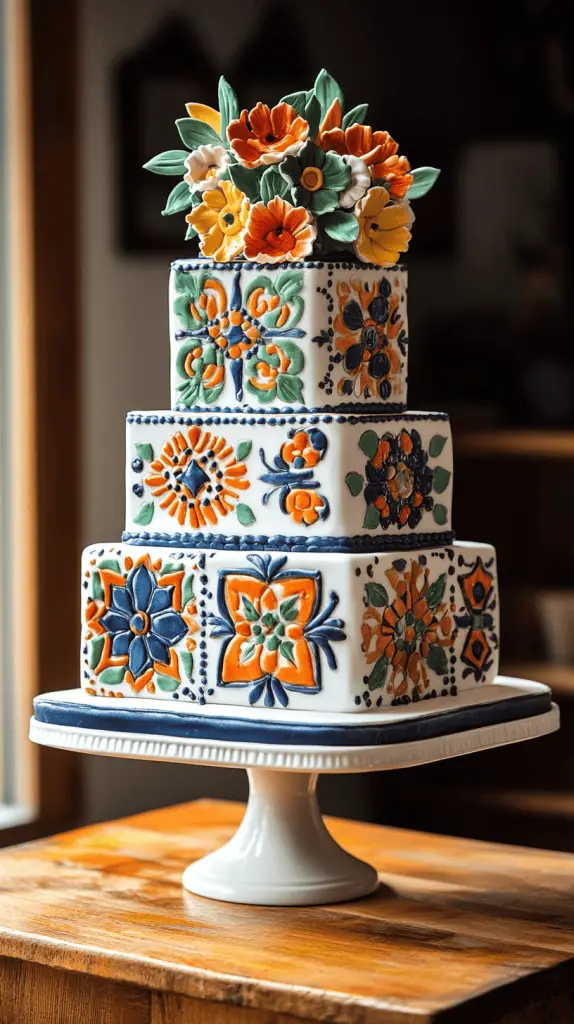 A Mexican wedding cake featuring bold geometric and tile patterns inspired by traditional Talavera tiles.