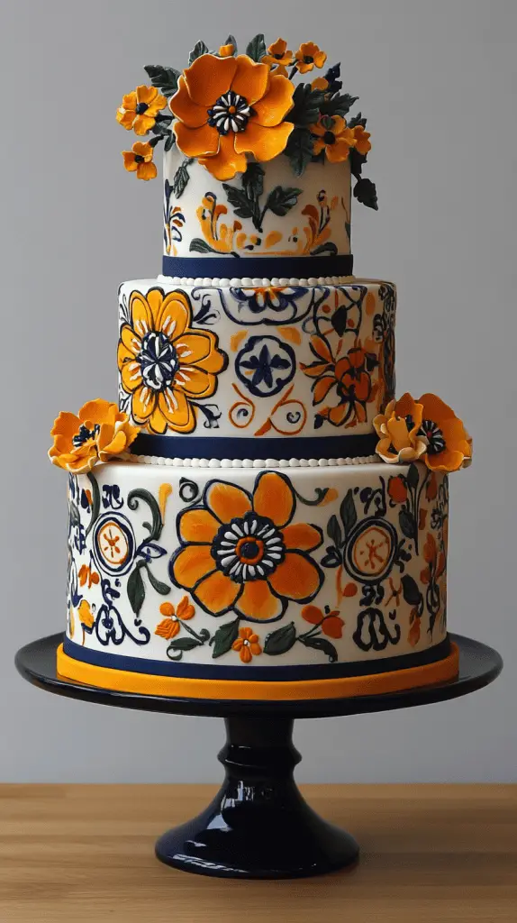 A Mexican wedding cake featuring bold geometric and tile patterns inspired by traditional Talavera tiles.