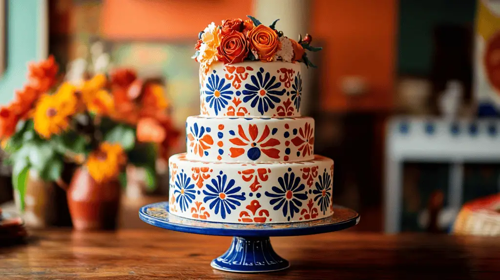 A Mexican wedding cake featuring bold geometric and tile patterns inspired by traditional Talavera tiles.