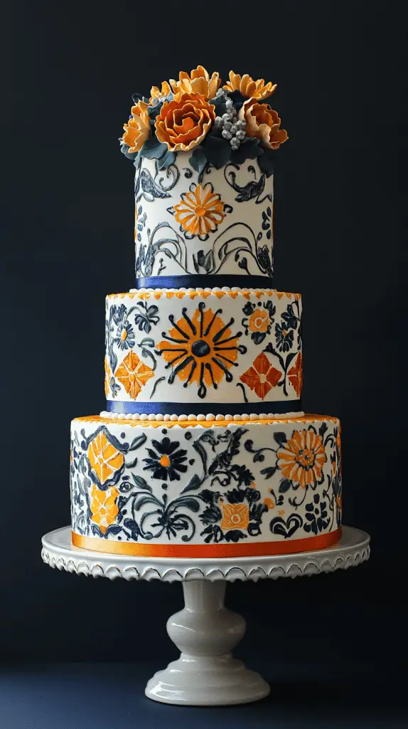 A Mexican wedding cake featuring bold geometric and tile patterns inspired by traditional Talavera tiles.