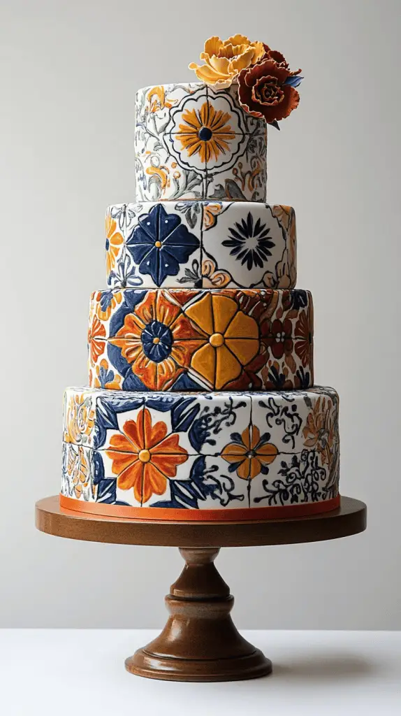 A Mexican wedding cake featuring bold geometric and tile patterns inspired by traditional Talavera tiles.