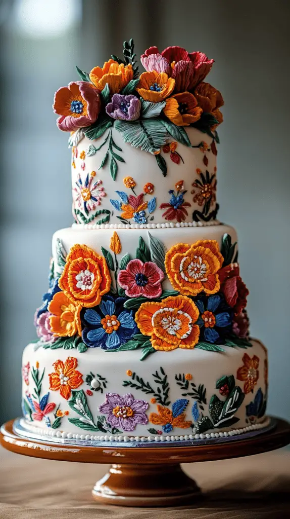A Mexican wedding cake inspired by traditional Mexican embroidery, featuring vivid colors and intricate icing work.
