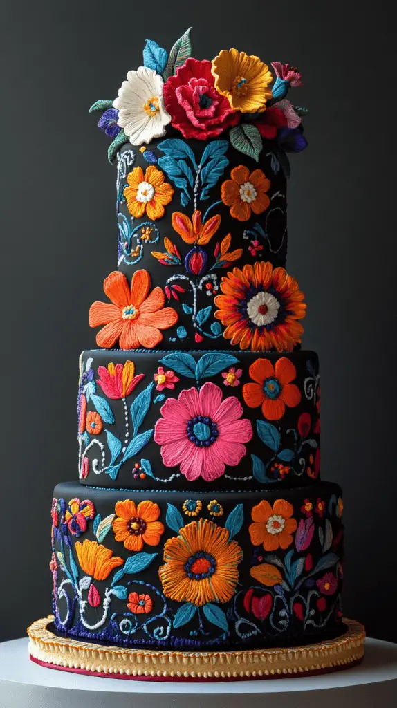 A Mexican wedding cake inspired by traditional Mexican embroidery, featuring vivid colors and intricate icing work.
