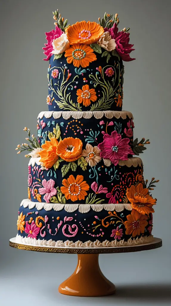 A Mexican wedding cake inspired by traditional Mexican embroidery, featuring vivid colors and intricate icing work.