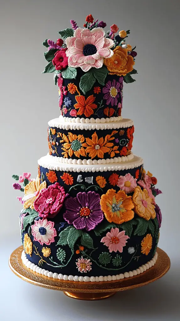 A Mexican wedding cake inspired by traditional Mexican embroidery, featuring vivid colors and intricate icing work.