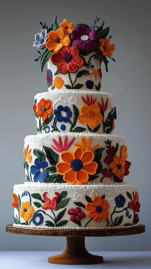 A Mexican wedding cake inspired by traditional Mexican embroidery, featuring vivid colors and intricate icing work.