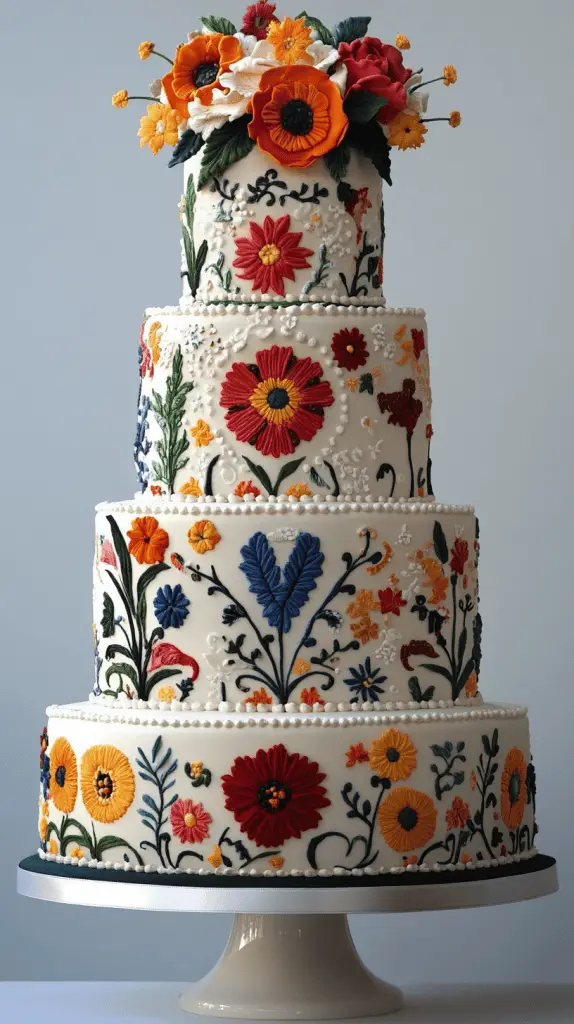 A Mexican wedding cake inspired by traditional Mexican embroidery, featuring vivid colors and intricate icing work.