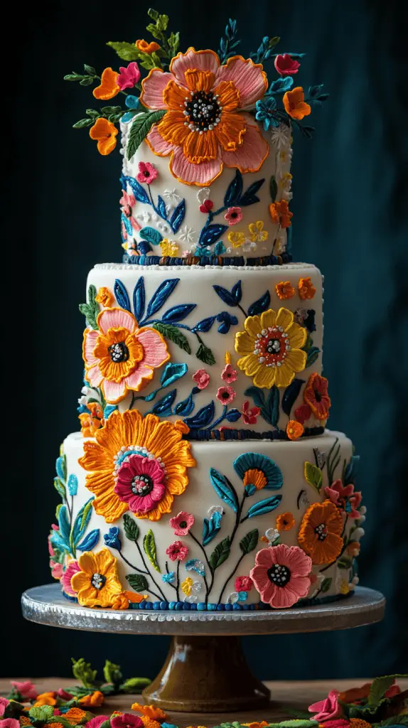 A Mexican wedding cake inspired by traditional Mexican embroidery, featuring vivid colors and intricate icing work.