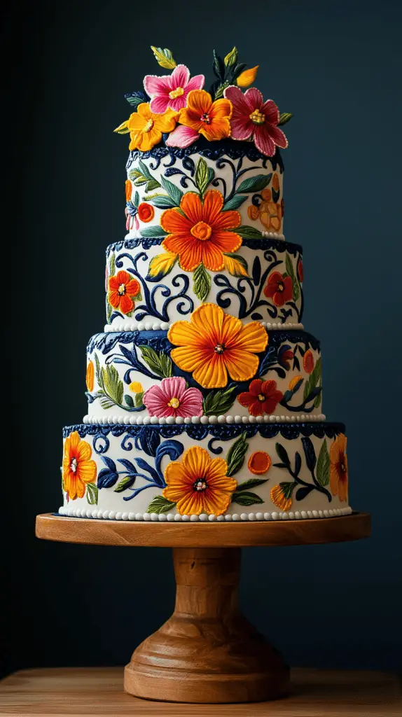 A Mexican wedding cake inspired by traditional Mexican embroidery, featuring vivid colors and intricate icing work.