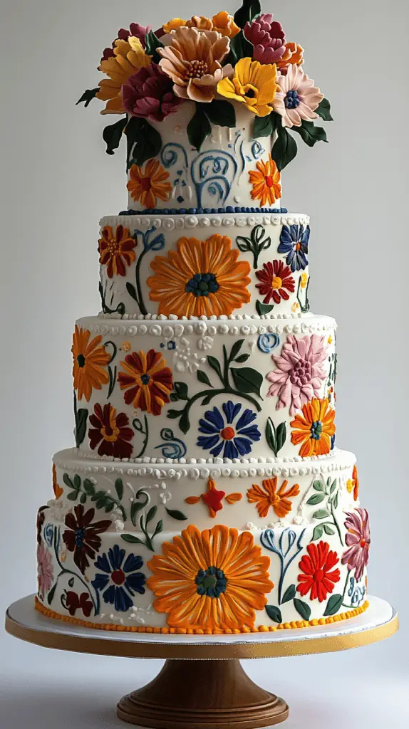 A Mexican wedding cake inspired by traditional Mexican embroidery, featuring vivid colors and intricate icing work.