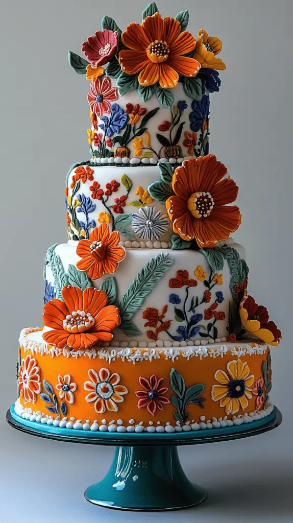 A Mexican wedding cake inspired by traditional Mexican embroidery, featuring vivid colors and intricate icing work.