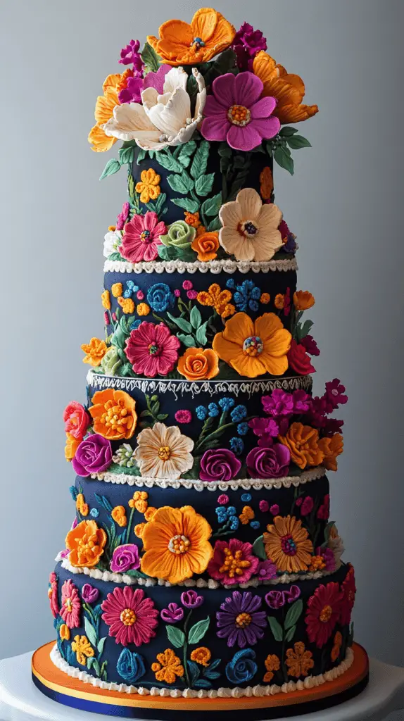 A Mexican wedding cake inspired by traditional Mexican embroidery, featuring vivid colors and intricate icing work.