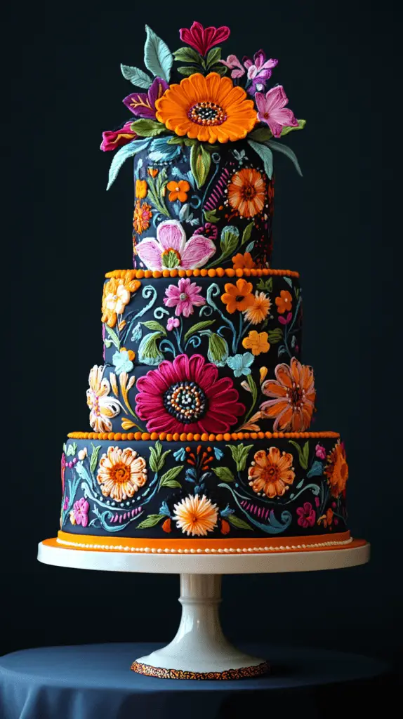 A Mexican wedding cake inspired by traditional Mexican embroidery, featuring vivid colors and intricate icing work.