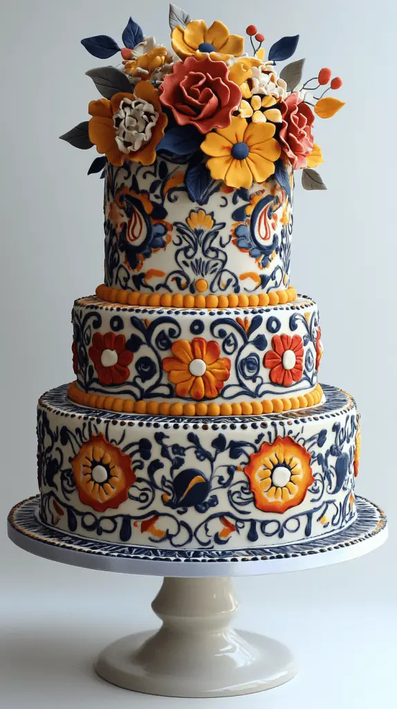 A classic Mexican wedding cake inspired by traditional elements such as intricate tile patterns, vivid colors, and folkloric themes.