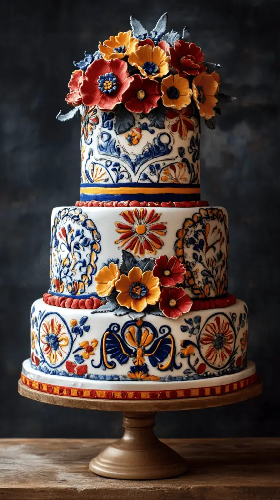 A classic Mexican wedding cake inspired by traditional elements such as intricate tile patterns,vivid colors,and folkloric themes.