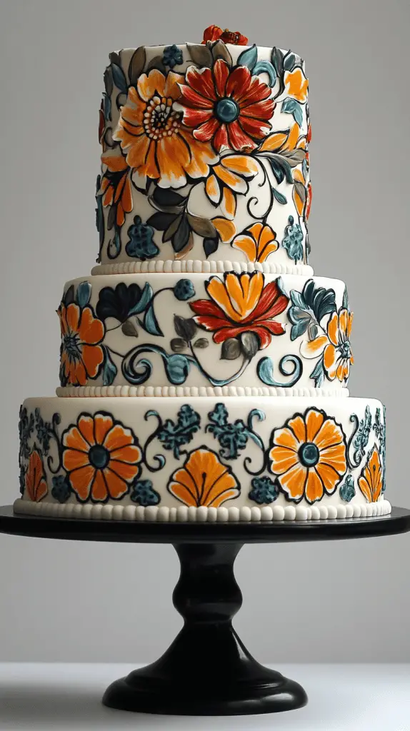 A classic Mexican wedding cake inspired by traditional elements such as intricate tile patterns, vivid colors, and folkloric themes.