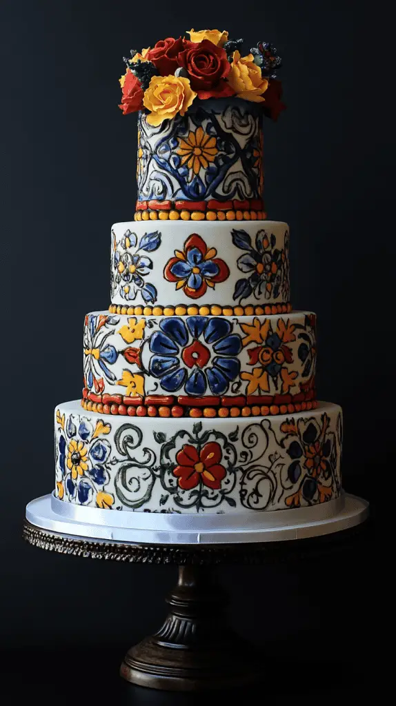 A classic Mexican wedding cake inspired by traditional elements such as intricate tile patterns, vivid colors, and folkloric themes.