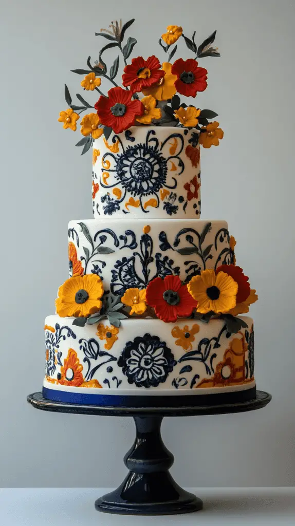 A classic Mexican wedding cake inspired by traditional elements such as intricate tile patterns, vivid colors, and folkloric themes.