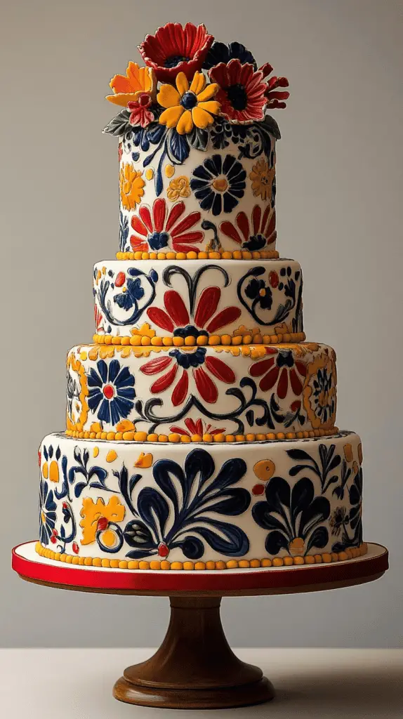 A classic Mexican wedding cake inspired by traditional elements such as intricate tile patterns, vivid colors, and folkloric themes.