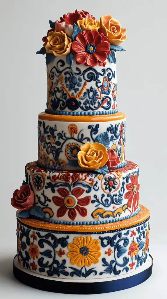 A classic Mexican wedding cake inspired by traditional elements such as intricate tile patterns,vivid colors,and folkloric themes.