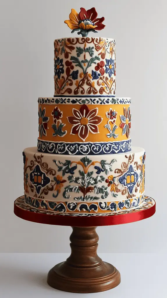A classic mexican wedding cake inspired by traditional elements such as intricate tile patterns, vivid colors, and folkloric themes.