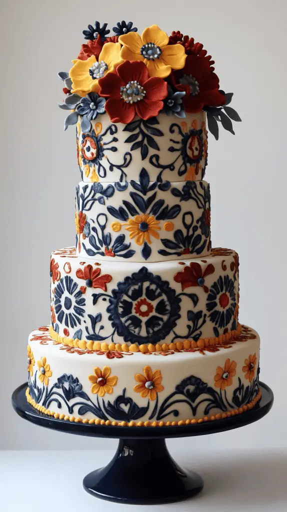 A classic Mexican wedding cake inspired by traditional elements such as intricate tile patterns, vivid colors, and folkloric themes.
