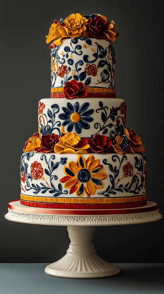 A classic Mexican wedding cake inspired by traditional elements such as intricate tile patterns, vivid colors, and folkloric themes.