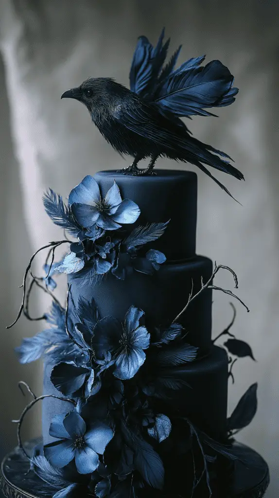 Experience the Raven-Inspired gothic wedding cake, adorned with dark feathers, bird motifs, and smooth black fondant. With feathered details in deep blues and iridescent hints, this ethereal design captures the haunting elegance of a raven's silent flight, perfect for a mysterious gothic celebration.