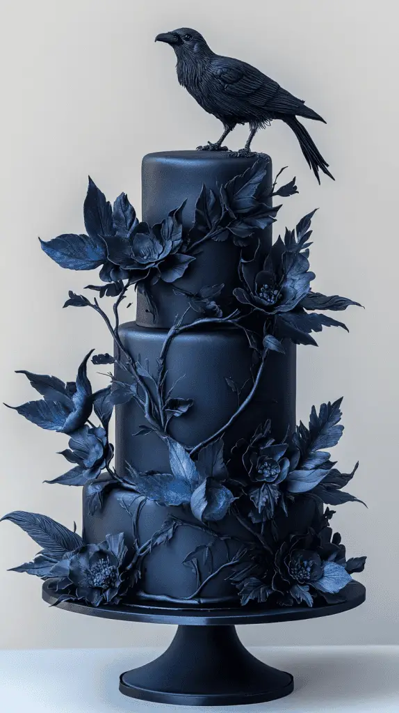 Experience the Raven-Inspired gothic wedding cake, adorned with dark feathers, bird motifs, and smooth black fondant. With feathered details in deep blues and iridescent hints, this ethereal design captures the haunting elegance of a raven's silent flight, perfect for a mysterious gothic celebration.