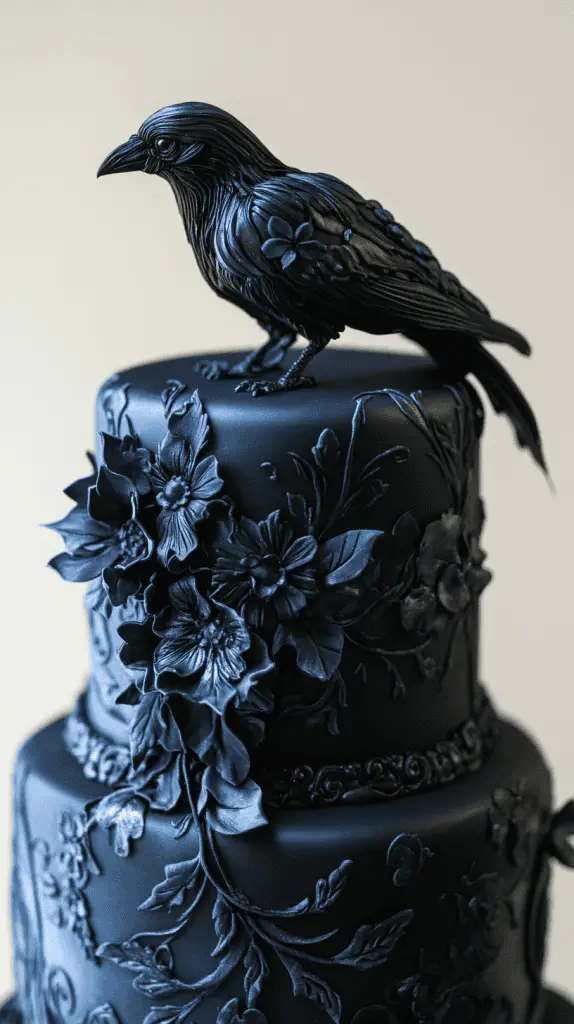 Experience the Raven-Inspired gothic wedding cake, adorned with dark feathers, bird motifs, and smooth black fondant. With feathered details in deep blues and iridescent hints, this ethereal design captures the haunting elegance of a raven's silent flight, perfect for a mysterious gothic celebration.