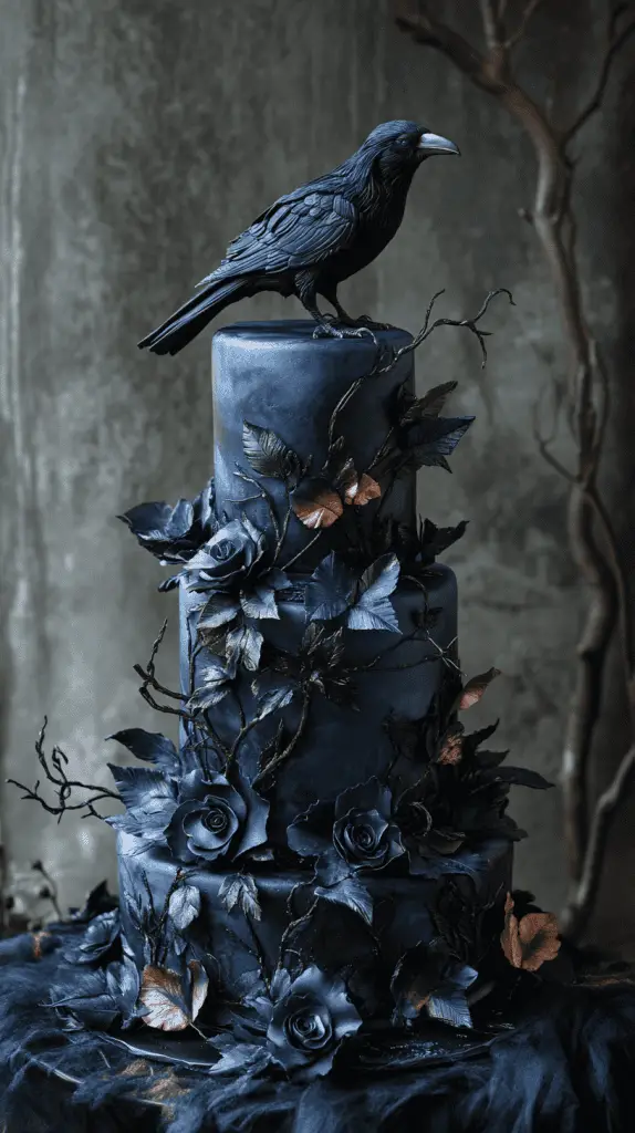 Experience the Raven-Inspired gothic wedding cake, adorned with dark feathers, bird motifs, and smooth black fondant. With feathered details in deep blues and iridescent hints, this ethereal design captures the haunting elegance of a raven's silent flight, perfect for a mysterious gothic celebration.