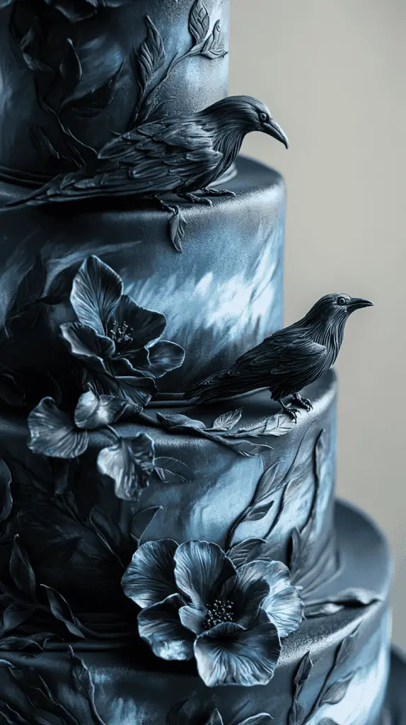 Experience the Raven-Inspired gothic wedding cake, adorned with dark feathers, bird motifs, and smooth black fondant. With feathered details in deep blues and iridescent hints, this ethereal design captures the haunting elegance of a raven's silent flight, perfect for a mysterious gothic celebration.