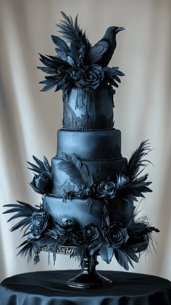 Experience the Raven-Inspired gothic wedding cake, adorned with dark feathers, bird motifs, and smooth black fondant. With feathered details in deep blues and iridescent hints,this ethereal design captures the haunting elegance of a raven's silent flight,perfect for a mysterious gothic celebration.
