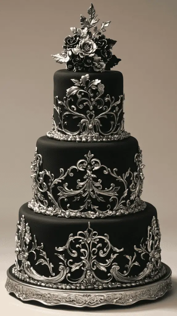 Discover the Midnight Mystique gothic wedding cake,featuring sleek black fondant,silver filigree,and metallic accents. With dark floral elements and a moonlit shimmer, this minimalistic design evokes the captivating allure of a midnight sky, perfect for elegant, gothic-inspired weddings.