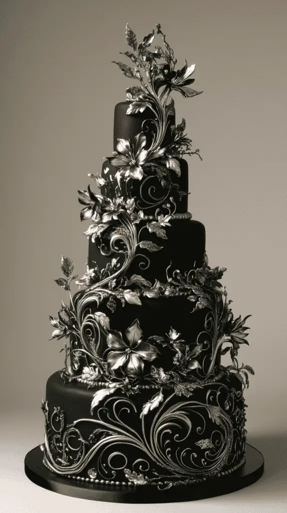 Discover the Midnight Mystique gothic wedding cake, featuring sleek black fondant, silver filigree, and metallic accents.With dark floral elements and a moonlit shimmer, this minimalistic design evokes the captivating allure of a midnight sky, perfect for elegant, gothic-inspired weddings.