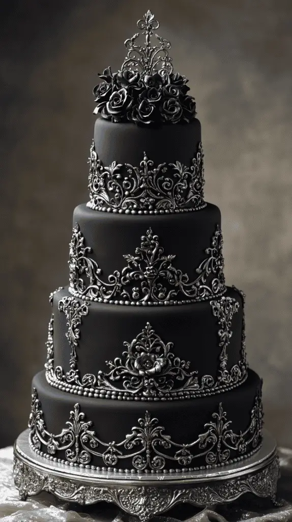 Discover the Midnight Mystique gothic wedding cake,featuring sleek black fondant,silver filigree,and metallic accents. With dark floral elements and a moonlit shimmer, this minimalistic design evokes the captivating allure of a midnight sky, perfect for elegant, gothic-inspired weddings.