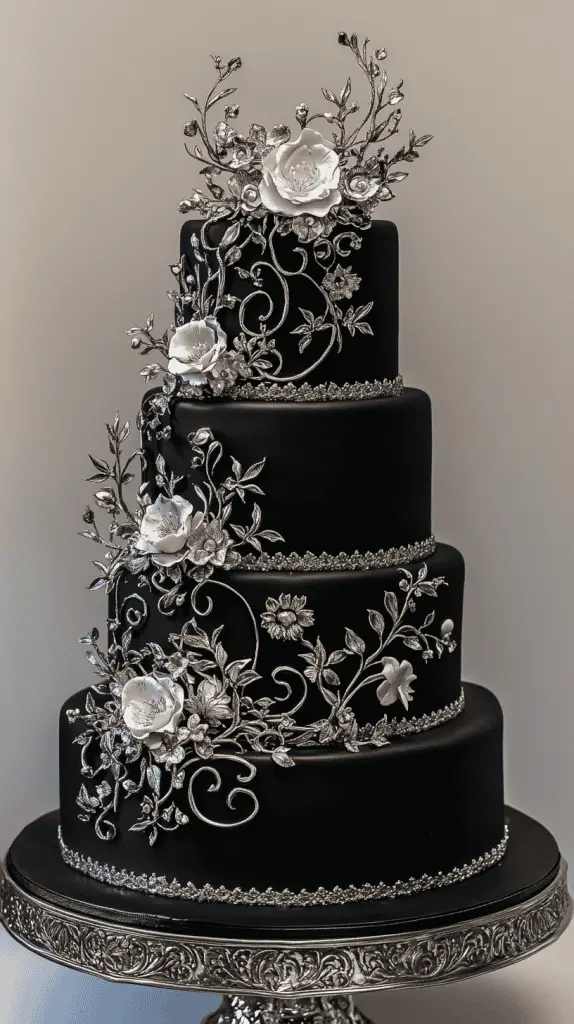 Discover the Midnight Mystique gothic wedding cake, featuring sleek black fondant, silver filigree, and metallic accents. With dark floral elements and a moonlit shimmer, this minimalistic design evokes the captivating allure of a midnight sky, perfect for elegant, gothic-inspired weddings.