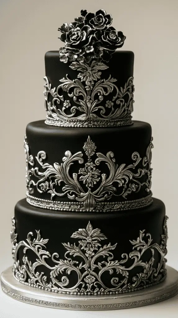 Discover the Midnight Mystique gothic wedding cake, featuring sleek black fondant, silver filigree, and metallic accents. With dark floral elements and a moonlit shimmer, this minimalistic design evokes the captivating allure of a midnight sky, perfect for elegant, gothic-inspired weddings.