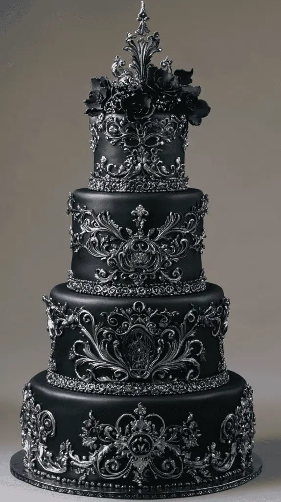 Discover the Midnight Mystique gothic wedding cake, featuring sleek black fondant, silver filigree, and metallic accents. With dark floral elements and a moonlit shimmer, this minimalistic design evokes the captivating allure of a midnight sky, perfect for elegant, gothic-inspired weddings.