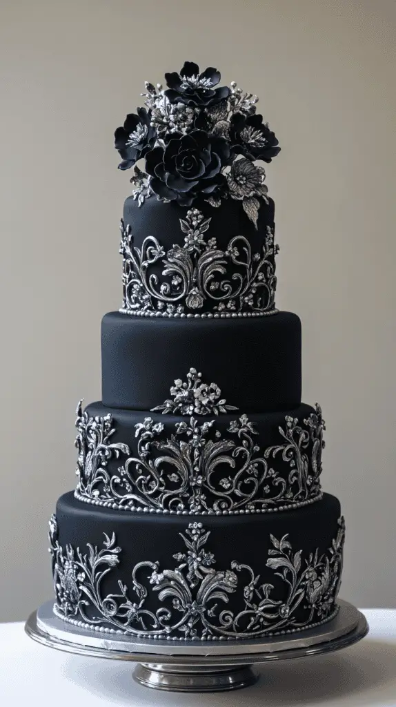 Discover the Midnight Mystique gothic wedding cake, featuring sleek black fondant, silver filigree, and metallic accents. With dark floral elements and a moonlit shimmer, this minimalistic design evokes the captivating allure of a midnight sky, perfect for elegant, gothic-inspired weddings.