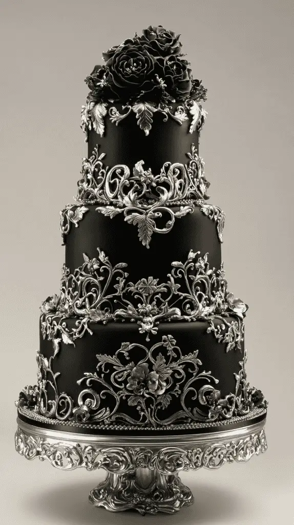 Discover the Midnight Mystique gothic wedding cake, featuring sleek black fondant, silver filigree, and metallic accents. With dark floral elements and a moonlit shimmer, this minimalistic design evokes the captivating allure of a midnight sky, perfect for elegant, gothic-inspired weddings.