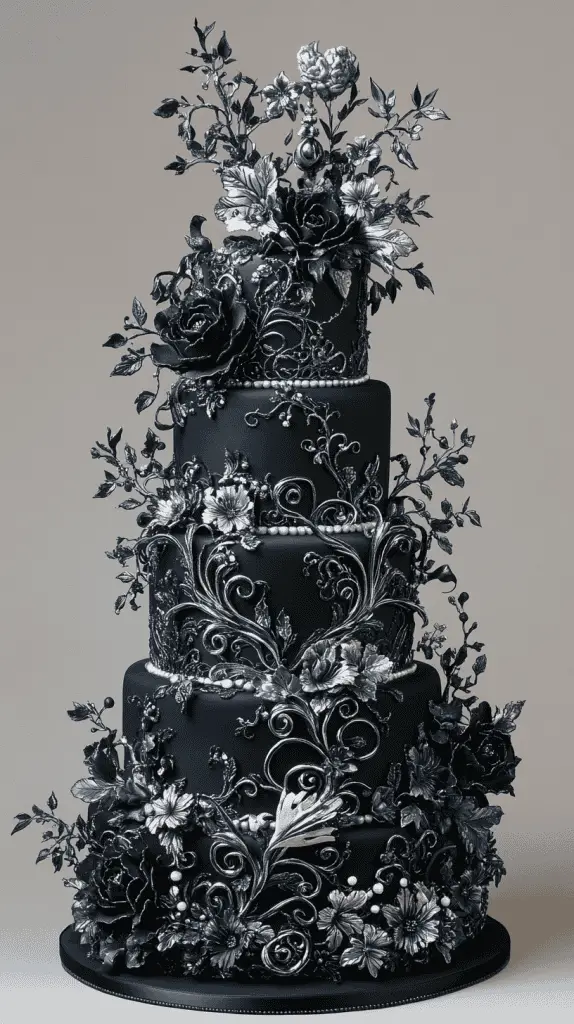 Discover the Midnight Mystique gothic wedding cake, featuring sleek black fondant, silver filigree, and metallic accents. With dark floral elements and a moonlit shimmer, this minimalistic design evokes the captivating allure of a midnight sky, perfect for elegant, gothic-inspired weddings.