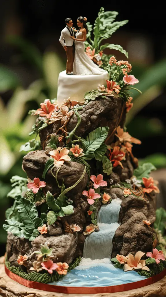 A wedding cake that has elements of Hawaiian adventure, such as volcanic rocks, jungle vines, and ocean waves.