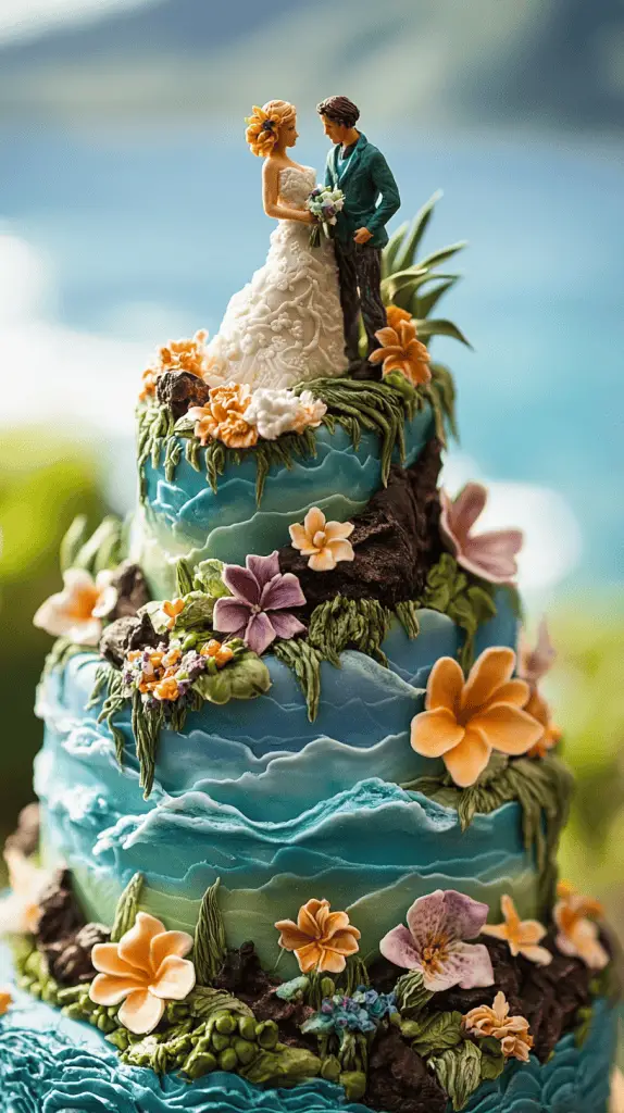 A wedding cake that has elements of Hawaiian adventure, such as volcanic rocks, jungle vines, and ocean waves.