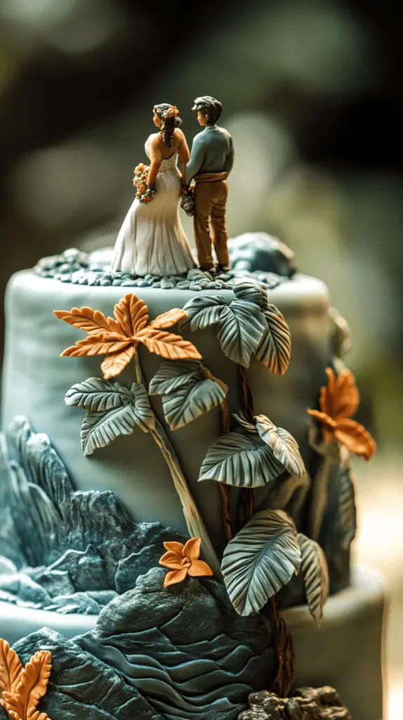 A wedding cake that has elements of Hawaiian adventure, such as volcanic rocks, jungle vines, and ocean waves.